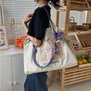 Light grey embroidered nylon canvas bag, large capacity